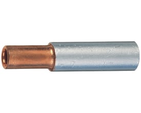 Klauke pressemuffe for aluminium og kobberledere, 150/35mm2, med tydelig samling af kobber og aluminiumsrør.