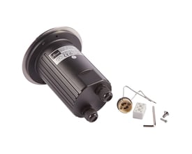 Ansell Lighting GU10 149 nedgravningsspot i sort aluminium og stål, vist med GU10 fatning og monteringsdele.
