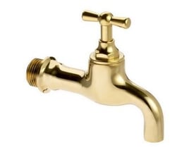 Milton Megatherm aftapningsventil med T-greb og glat tud i poleret messing, 1/2" tilslutning, vist på hvid baggrund.