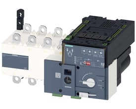 Siemens SENTRON ATE 3KC overførselskontakt, 4-polet, 250A, med detaljeret frontpanel med knapper og indikatorer, og monteringsblok til venstre.