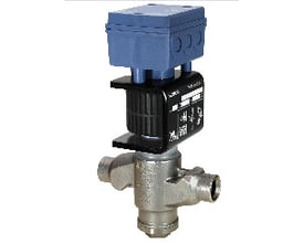 Siemens MVS661.25-2.5N 2-vejs kølemiddelventil med blå styreenhed og sølvfarvet ventilhus, klar til montering på PN40.