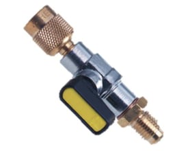 Refco kugleventil med 1/4" og 1/2" flaretilslutning, egnet til R32/R410A kølemidler og godkendt til 60 bar tryk.