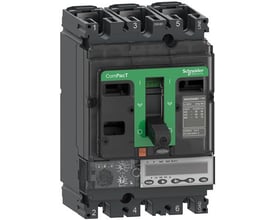 Schneider Electric ComPacT NSX250R 3-polet 160A automatsikring med MicroLogic 6.2 E relæ på en hvid baggrund.