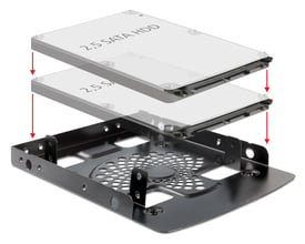 DeLock monteringsramme til 3,5″ plads med to 2,5″ HDD'er vist over rammen i en eksploderet visning.