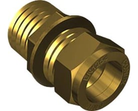 Nærbillede af IBP Conex overgangsnippel, der viser 10 mm kompressionsfittings og 1/4" gevind med mærket 'CONEX'.