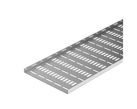 Vinkelbillede af Wibe kabelplade W4-200 mm, der viser de mange perforeringer og den lave kant for nem installation.