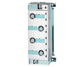 Siemens ET200PRO tilslutningsmodul med 4 x M12-stik og grønne klemmer, model TM-E15C24-01.