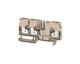 Gennemgangsklemme A3C 6 fra Weidmüller i beige, med synlige orange PUSH IN klemmer og metalterminaler.
