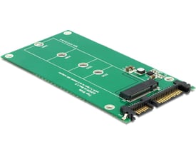 Grøn DeLOCK-adapter, der konverterer SATA 22-pin til M.2, med stik og M.2-sokkel synlige.