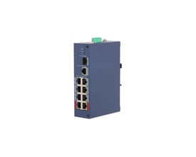 Dahua cloud-administreret switch CHS4110-8ET-110 med 10 porte og 8 PoE-porte, set skråt forfra med porte og metalhus.