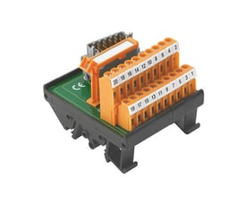 Weidmüller LP2N interfacemodul med 20-polet ELCO-stik og orange tilslutningsterminaler på mørk base.