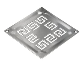 Blücher Square Athens rist i rustfrit stål med et unikt græsk nøgle mønster, 140x140 mm, isoleret på hvid baggrund.