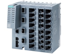 Siemens SCALANCE XC224-4C G industri-switch med 20 RJ45-porte og 4 combo-porte, IEC 62443-4-2 certificeret, grå.