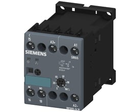 Siemens 3RP2 tidsrelæ med 1CO kontakt, 24V AC/DC, fremviser drejeknap til tidsindstilling fra 0,05s til 100 timer.