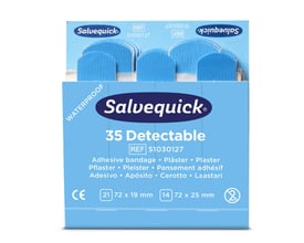 Salvequick Blue sporbare plastre i blå dispenseremballage med blå plastre synlige øverst; to størrelser.
