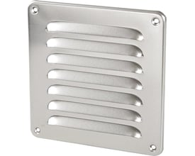 Fresh metalrist i aluminium med målene 155 x 155 mm, vist med en skrå vinkel, der fremhæver ribberne og skruehullerne.