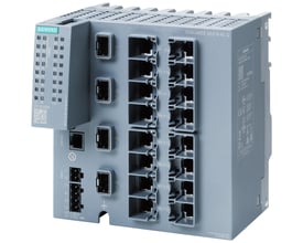 Siemens SCALANCE XC216-4C G managebar Layer2 Industrial Ethernet switch med 12 RJ45 og 4 combo porte. Kompakt grå enhed med diagnostik LED og konnektorer.