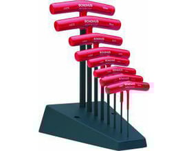 Bondhus Hex T-grebsæt HTX80 med 8 unbrakonøgler i størrelserne 2-10 mm, præsenteret i et gråt stativ med røde håndtag.
