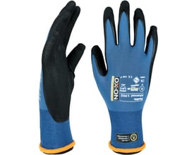 Detaljeret billede af OX-ON Flexible Advanced 1902 handsker, der viser logoer, størrelsesmærkning (8) og OekoTex-certificering.