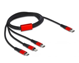 DeLock 3-i-1 USB ladekabel på 1 meter, sort med røde detaljer, viser USB-A til Lightning, Micro USB og USB-C stik.