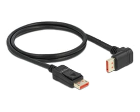 Sort Delock DisplayPort 1.4 kabel med 90° nedadvinklet stik, ideelt til 8K 60Hz opløsning over 1 meter.