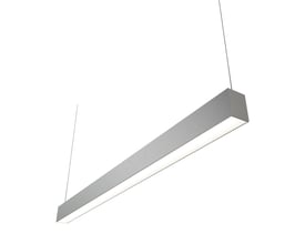 Ansell Lighting Vasco linjearmatur, 1504mm aluminium med op- og nedadgående lysfordeling, hængt op med kabler mod hvid baggrund.