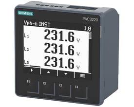 Siemens SENTRON PAC3220 strømovervågningsenhed med LCD-skærm, der viser 231.6V for L1, L2 og L3. Enheden har funktionstaster F1-F4 og et tydeligt Siemens-logo.