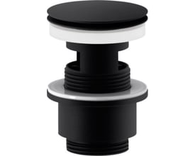 Mora Push Down bundventil med overløb i mat sort finish, viser push-open mekanismen og Ø63 mm diameter.