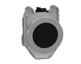 Schneider Electric Harmony XB4 flush trykknap i sort metal med 1NO kontakt og fjederretur, vist på hvid baggrund.