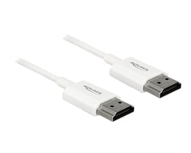 Hvidt Delock HDMI-kabel på 4,5 meter med HDMI-A-hanstik i begge ender, vist med stikpropperne.