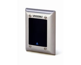 Vanderbilt HD500-EM kortlæser med sort front og rustfri stålramme, viser blå pil lys og skruer.