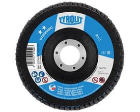 Tyrolit lamelrondel forsat, 150 mm, K60 og 2-i-1, set forfra med sort lamelslibeflade og blå mærkat.