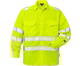 Fristads arbejdsskjorte 124176 i hi-vis gul med to brystlommer og reflekterende bånd på arme og krop.