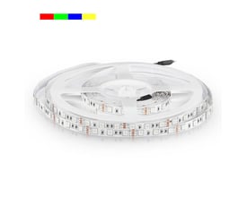 V-TAC VT-5050 blå LED-strip på 5 meter, rullet op på en hvid spole med farvefelter vist øverst.