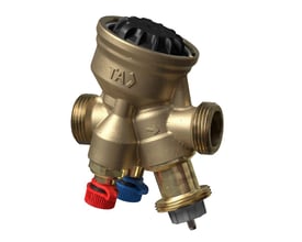 IMI TA Compact-P reguleringsventil, DN20, i en skrå vinkel, viser messingkonstruktionen og den sorte indstillingsmekanisme øverst.