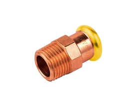 Unico overgangsnippel i kobber/messing med 15mm A-press muffe og 1/2" udvendigt gevind med gul HNBR O-ring.