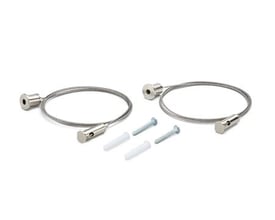 To sæt justerbare wiresæt med skruer og rawplugs til Philips Tubular WT210Z armaturer på hvid baggrund.