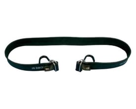 Sikkerhedsgummistrop på 600 mm med to plastbeklædte rustfri kroge. Stroppen er sort med tydelig tekst på den ene ende.