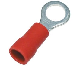 Isoleret ringkabelsko i rød PVC til 0,50-1,5 mm² ledere og M6 bolt, fremstillet af fortinnet kobber.