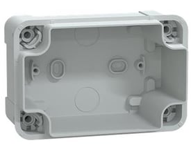 Schneider Electric Thalassa TBS ABS-kasse i grå, 125x80x65 mm, set indefra med monteringspunkter og afrundede hjørner.