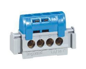 Legrand terminalblok i blå og grå farver, designet til 4x1,5-16mm² ledere og direkte DIN-skinne montering.