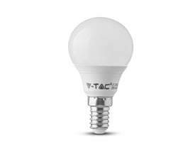 V-TAC 4W LED pære med E14 fatning og hvid, sfærisk glaskuppel, isoleret på hvid baggrund.