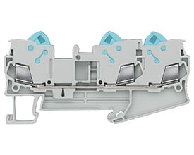 Siemens skærekontaktklemme i grå plast med 3 tilslutningspunkter, der viser den interne mekanisme og ledningsføring.