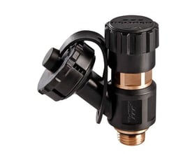 Kemper aftapningsventil med 3/8" gevind og 3/4" afgang, udført i sort plast og rødgods.