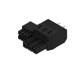 Weidmüller hybridstik til ledningsforbindelse, sort 3-polet model med PUSH IN-tilslutning og aktuator, set skråt forfra.