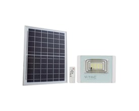 V-TAC 50W solpanel LED projektør med fjernbetjening og separat solpanel opstillet på hvid baggrund.