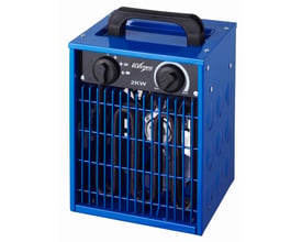 Blue Electric VB2 varmeblæser på 2000 W med blåt metalhus, sort bærehåndtag og betjeningsknapper, set skråt forfra.