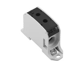 Weidmüller WPD 131 fordelerklemme i grå plast med sort cover og skrueterminaler for 10-95mm² ledere.