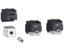 Schneider Electric klemmesæt til 1,5-95mm2 CU/AL kabler, viser 3 klemmer og en separat isoleringskappe og et skruestykke.