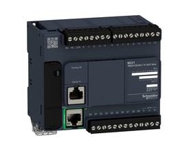 Schneider Electric Modicon M221 PLC med 14 digitale indgange, 2 analoge indgange og 10 digitale udgange samt Ethernet-port.